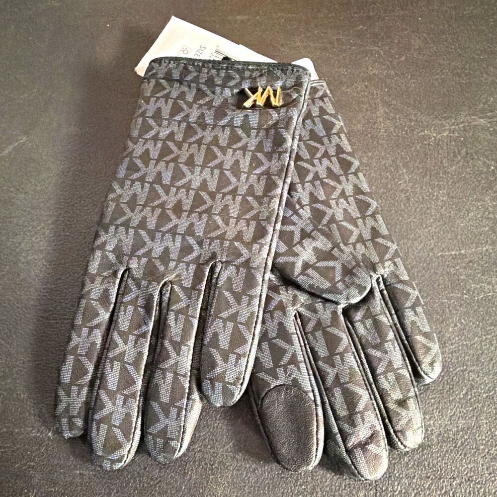 Michael Kors Women's Touchscreen Faux Leather MK Logo Gloves Black/Gray S